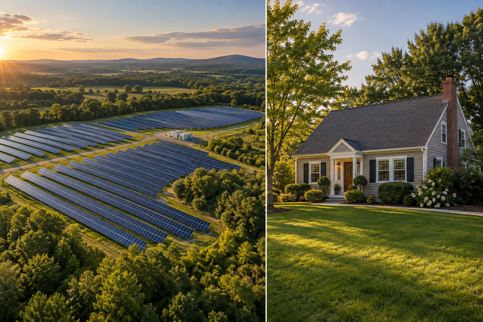 Illustration in photographs: solar panels at a countryside farm, beside a separate home with a panel-free roof